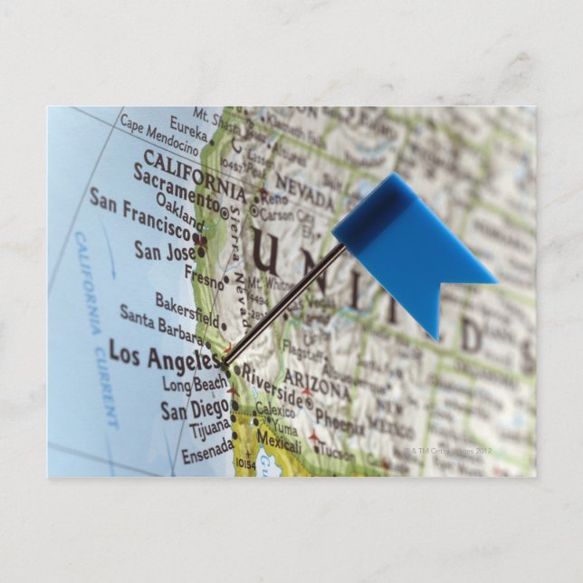 Map pin placed on Los Angeles, California on Postcard (Front)
