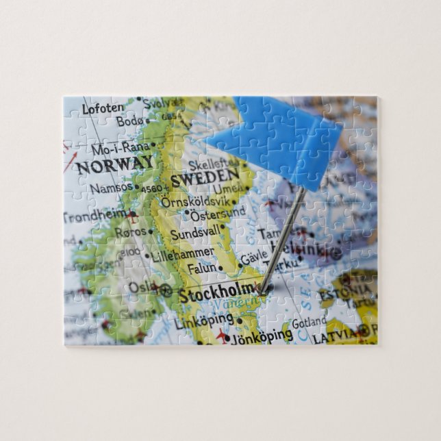 Map pin placed on Stockholm, Sweden on map, Jigsaw Puzzle (Horizontal)