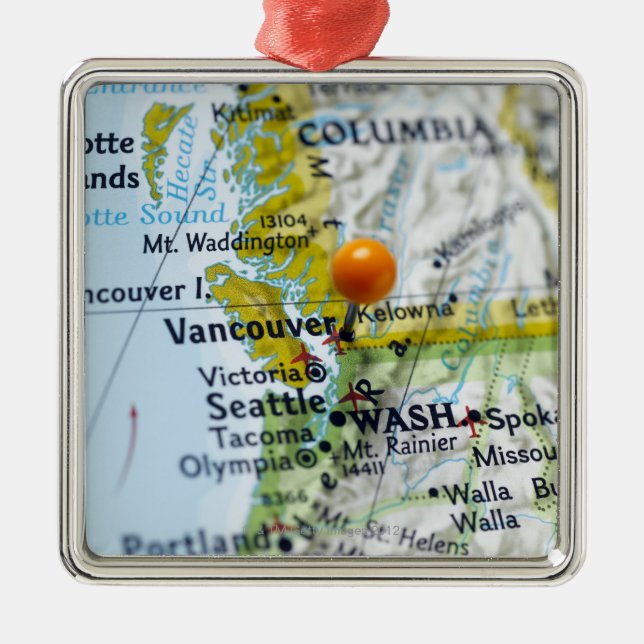 Map pin placed on Vancouver, Canada on map, Metal Ornament (Front)