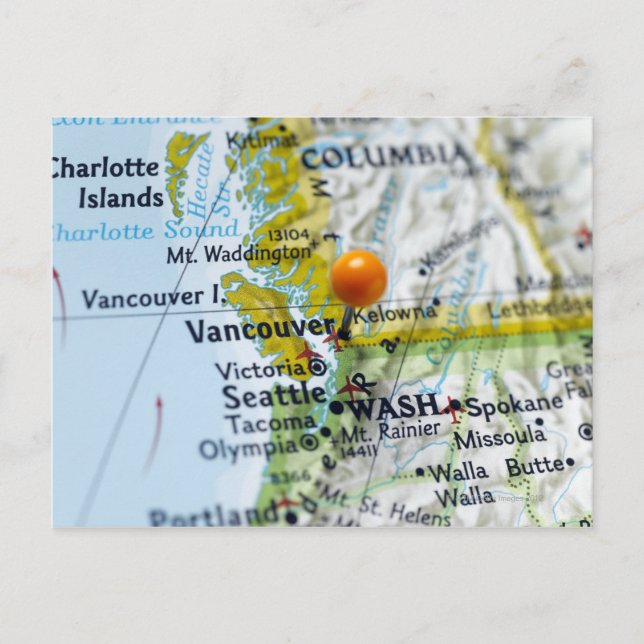 Map pin placed on Vancouver, Canada on map, Postcard (Front)