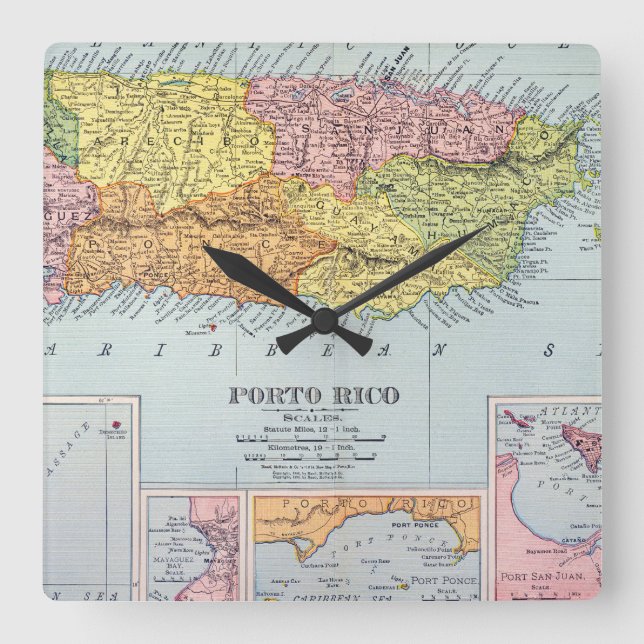 MAP: PUERTO RICO, 1900 SQUARE WALL CLOCK (Front)