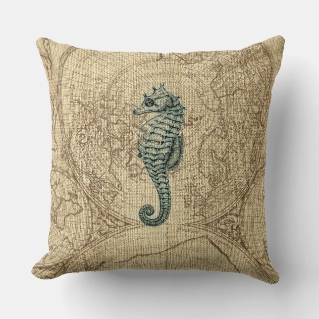 Map Sealife Green Seahorse Illustration Coastal Throw Pillow (Front)