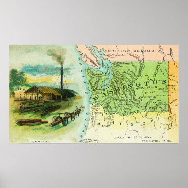 Map View of the State with a Lumbering Scene Poster (Front)