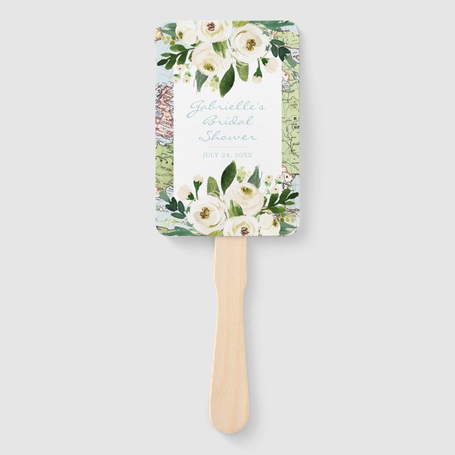 Map with Flowers Travel Theme Wedding or Party Hand Fan (Front)