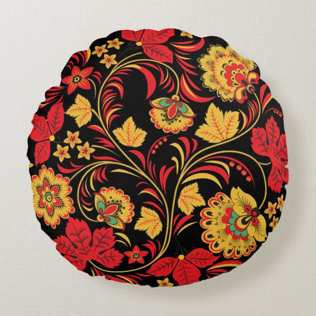 Maple Autumn Hohloma Round Pillow (Front)
