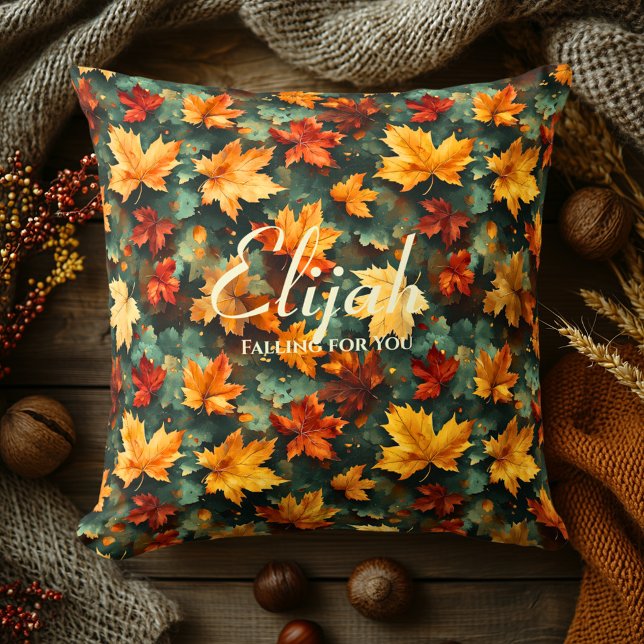 Maple Autumn Leaves Pattern on Deep Green  Throw Pillow (Creator Uploaded)