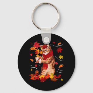 Maple Cat Autumn Maple Hello Fall Leaf Gift Women Keychain