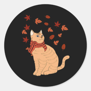 Maple Cat Leaf Fall Hello Autumn Fun Cat  Classic Round Sticker