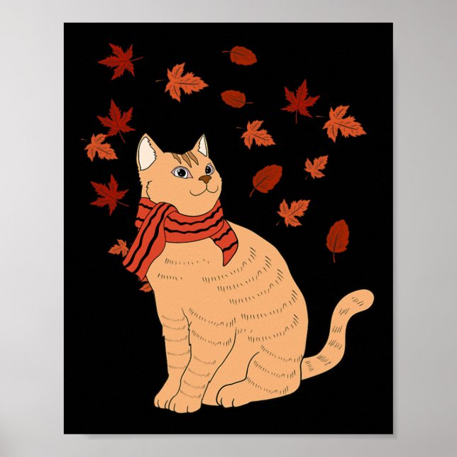 Maple Cat Leaf Fall Hello Autumn Fun Cat  Poster (Front)