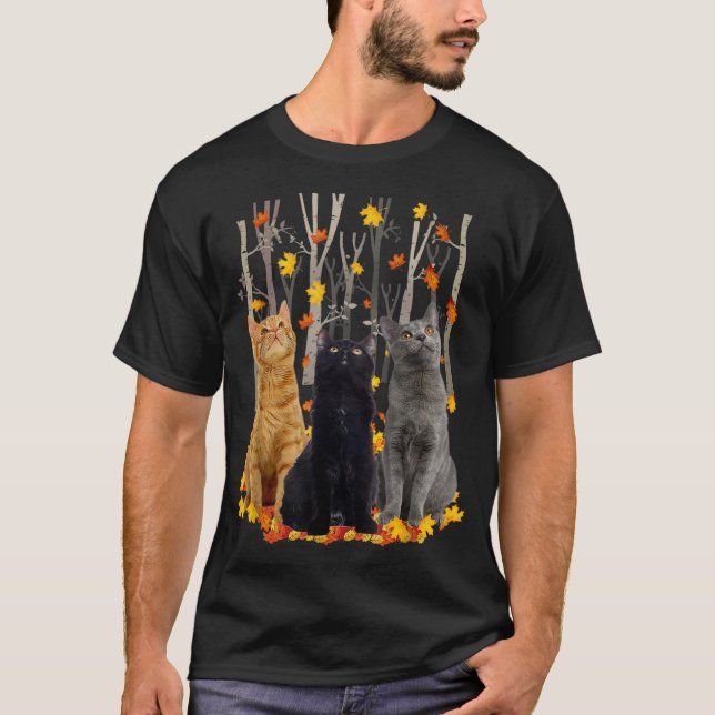 Maple Cat Leaf Fall Hello Autumn Funny Kitty T-Shirt (Front)