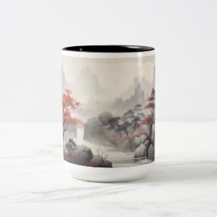 Maple Forest And River in The Mountain Two-Tone Coffee Mug