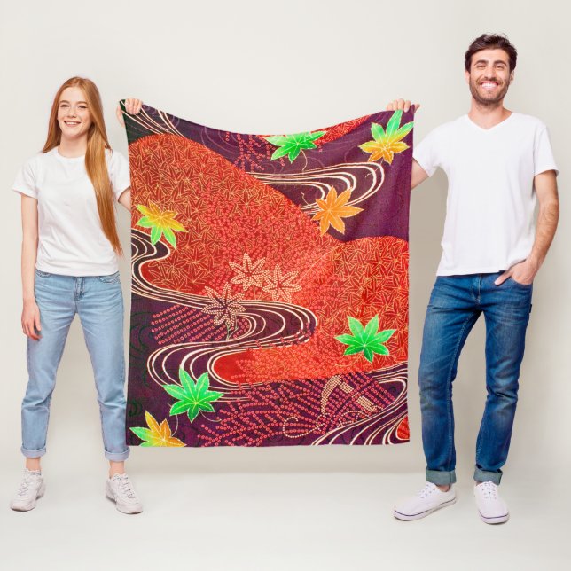 Maple Leaf and Running Water, Japanese Design Fleece Blanket (In Situ)