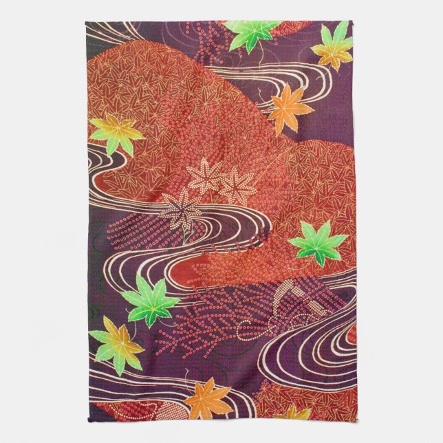 Maple Leaf and Running Water, Japanese Design Kitchen Towel (Vertical)