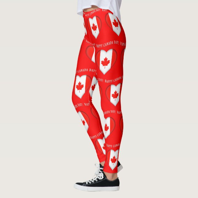 Maple Leaf Hearts Happy Canada Day Leggings (Left)