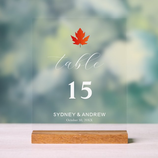 Maple Leaf Modern Elegant Script Wedding Table No. Acrylic Sign (Neutral)