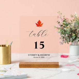 Maple Leaf Modern Elegant Script Wedding Table No. Acrylic Sign