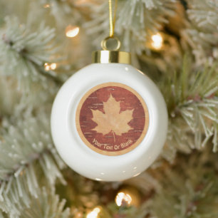 Maple Leaf On Inner Birch Bark Ceramic Ball Christmas Ornament
