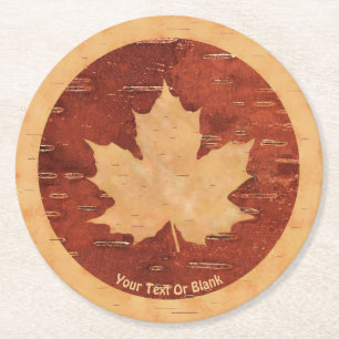 Maple Leaf On Inner Birch Bark Round Paper Coaster