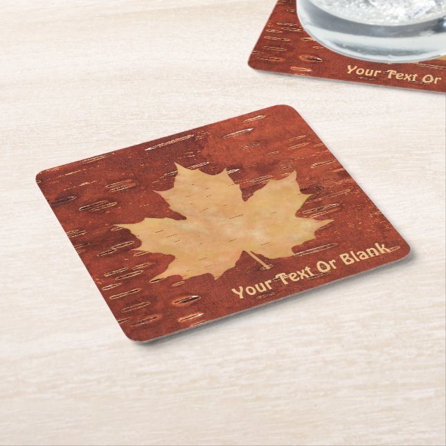 Maple Leaf On Inner Birch Bark Square Paper Coaster (Angled)