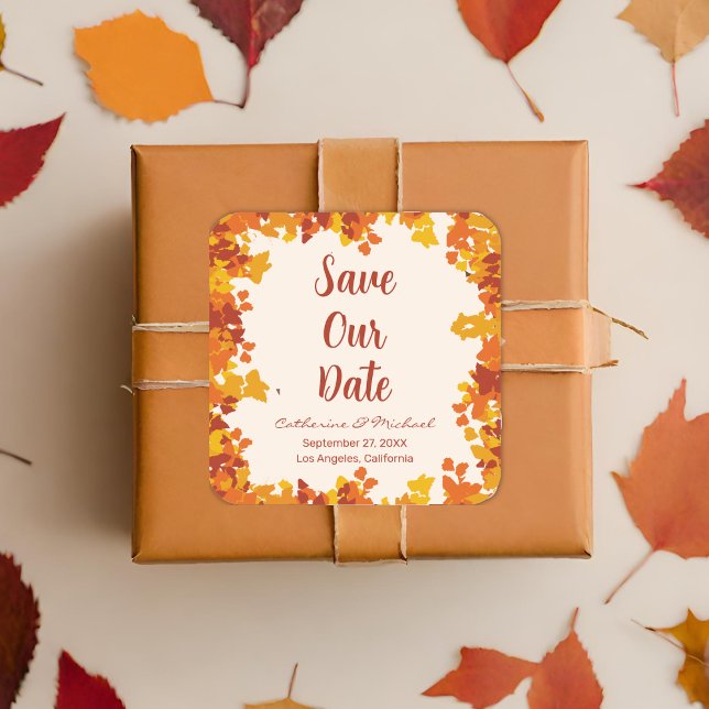 Maple Leaf Orange Terracotta Autumn Save The Date Square Sticker (Creator Uploaded)