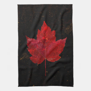 Maple Leaf Red Black Gold Country Fall Texture Kitchen Towel