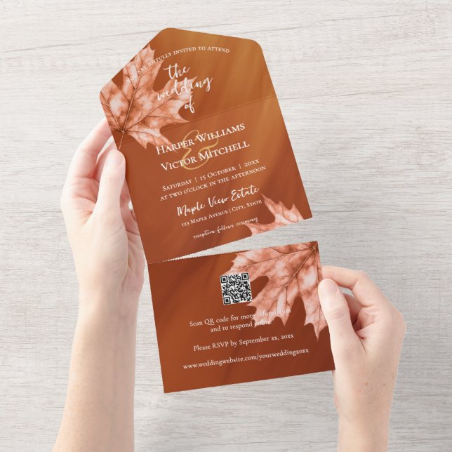 maple leaves accent burnt orange QR code All In One Invitation (Tearaway)
