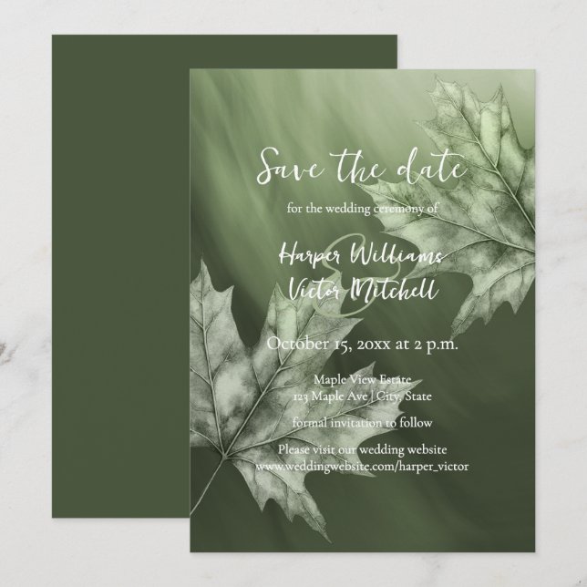 maple leaves accenting dark green fall wedding save the date (Front/Back)