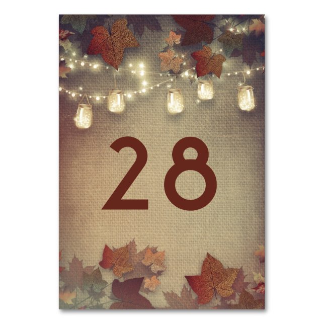 Maple Leaves and Mason Jar Lights Rustic Fall Table Number (Front)