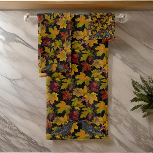 Maple Leaves Autumn Black Crows Bath Towel Set