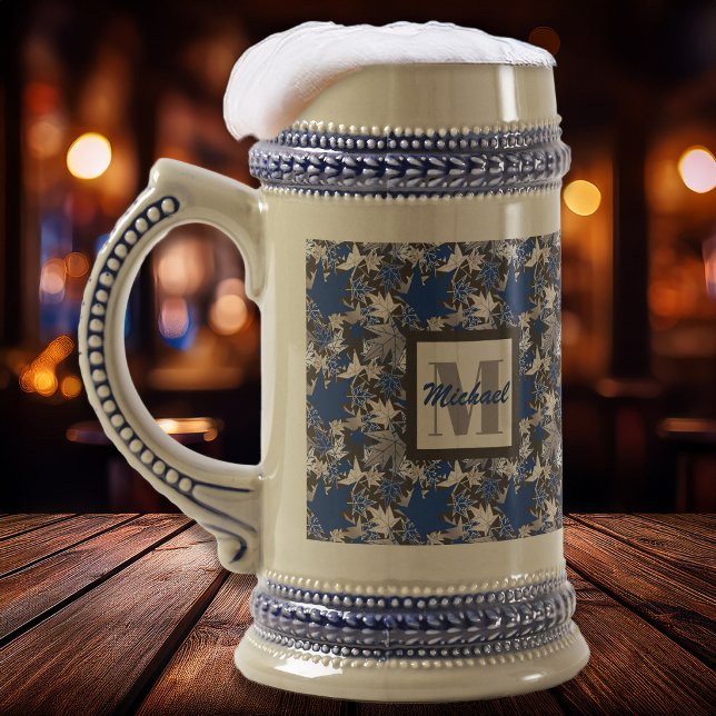 Maple Leaves Blue on a Charcoal Background Beer Stein (Maple Leaves Blue - Bar Scene - The Canadian Outpost Shop at Zazzle)