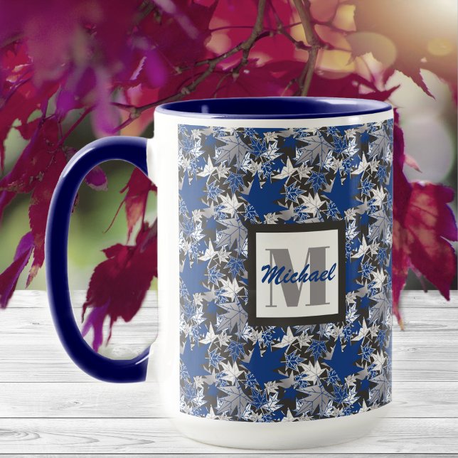 Maple Leaves Blue on a Charcoal Background Mug (Blue Maple Leaves - Bitone Coffee Mug -by The Canadian Outpost)