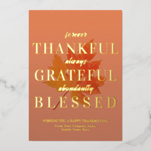 Maple Leaves Burnt Orange Thankful Thanksgiving Foil Holiday Card
