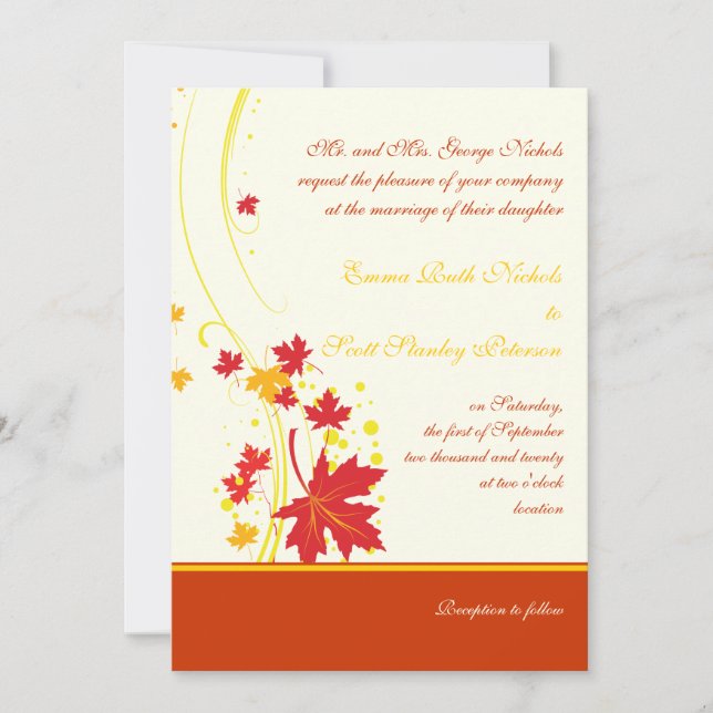 Maple leaves red yellow wedding custom invitation (Front)
