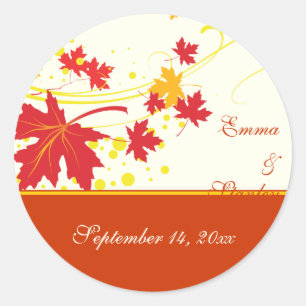 Maple leaves red yellow wedding Save the Date Classic Round Sticker