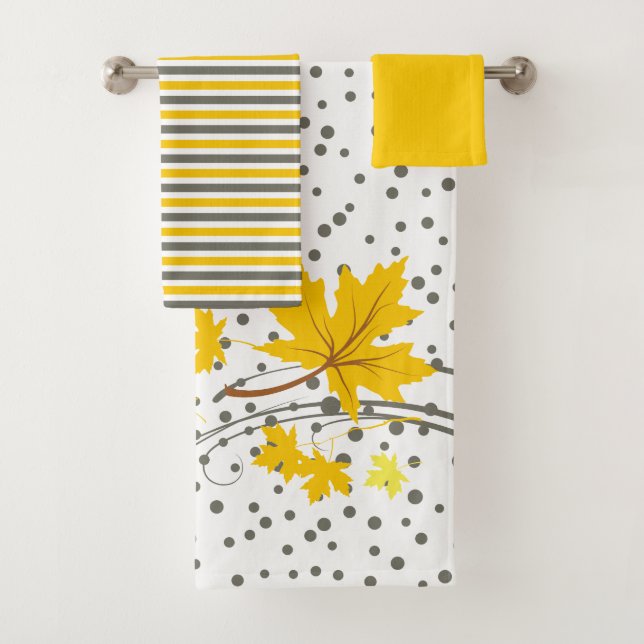 Maple leaves yellow and grey bathroom towel set (Insitu)