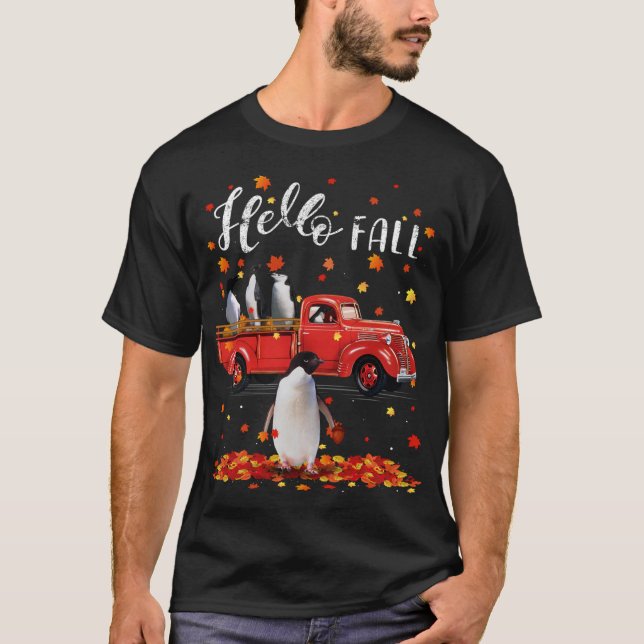 Maple Penguins Leaf Fall Autumn Red Truck T-Shirt (Front)