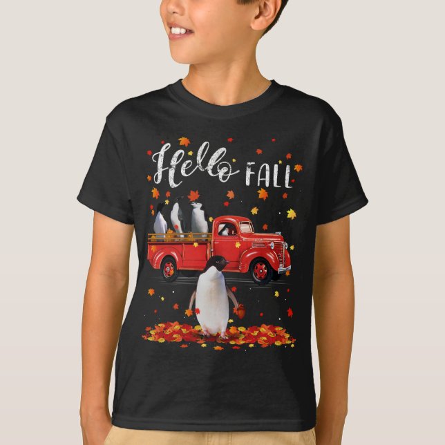 Maple Penguins Leaf Fall Autumn Red Truck T-Shirt (Front)