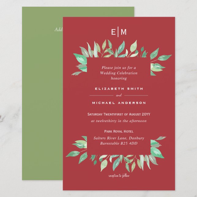 Maple Red Green Magnolia Budget Wedding Invite A9 (Front/Back)