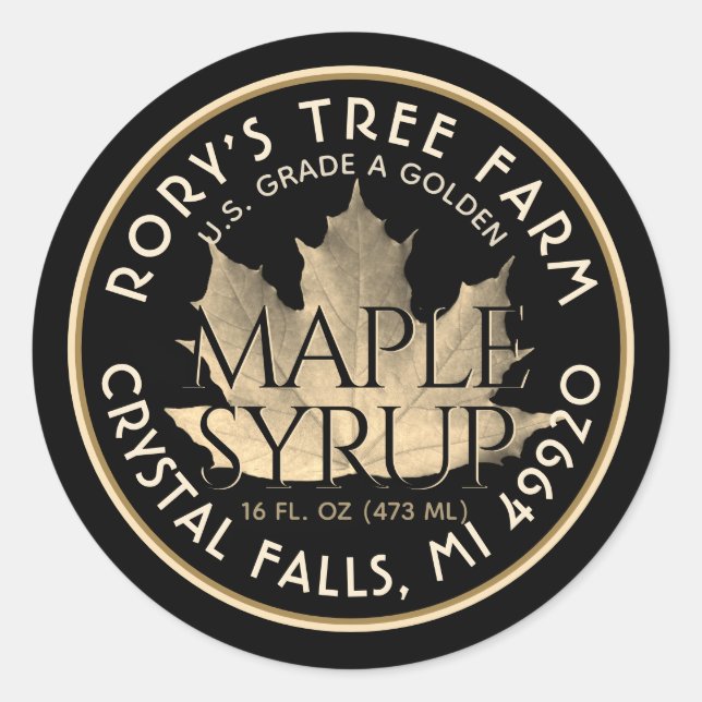 Maple Syrup Gold and Black Maple Leaf Classic Round Sticker (Front)