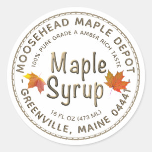 Maple Syrup in Poured Gold Font w Colourful Leaves Classic Round Sticker