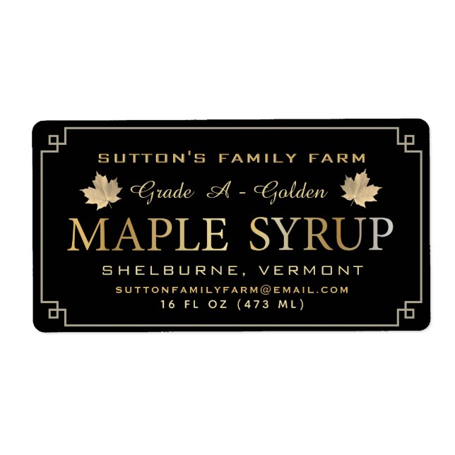 Maple Syrup Label Black and Gold Leaves and Border (Front)