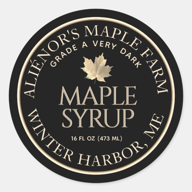 Maple Syrup Label Black with Gold Maple Leaf (Front)