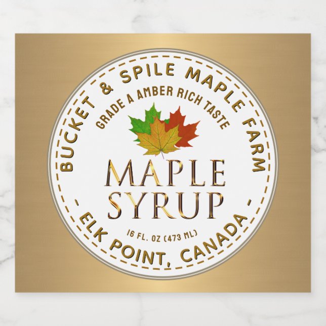 Maple Syrup Label Colourful Maple Leaves Gold Text (Single Label)