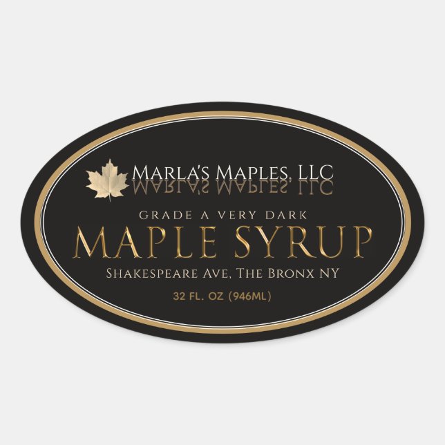 Maple Syrup label Oval Gold leaf on black (Front)