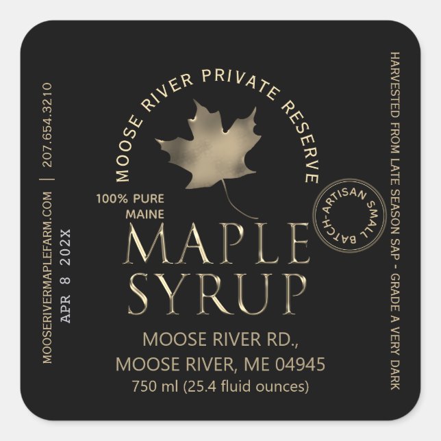 MAPLE SYRUP Private Reserve Gold Leaf Harvest Date Square Sticker (Front)