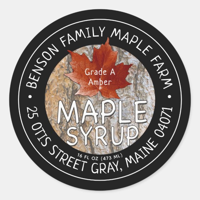 Maple Syrup Red Leaf Tree Bark Editable Label (Front)