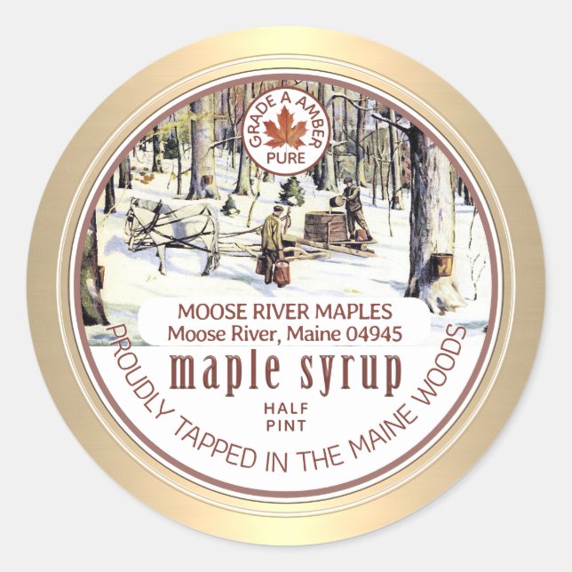 Maple Syrup Tapped Trees Maple Leaf Gold Border  Classic Round Sticker (Front)