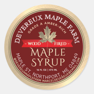Maple Syrup Wood Fired Red Banner Gold Leaf   Clas Classic Round Sticker