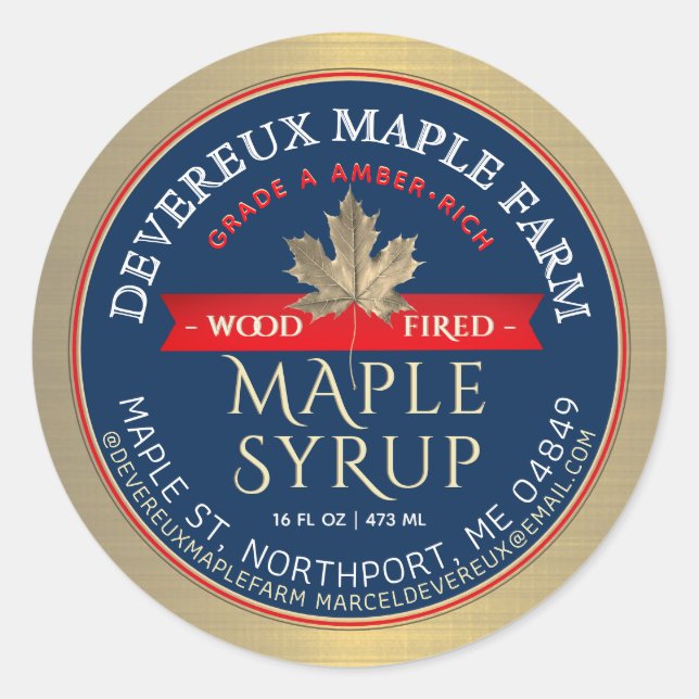 Maple Syrup Wood Fired Red Banner Gold Leaf   Classic Round Sticker (Front)