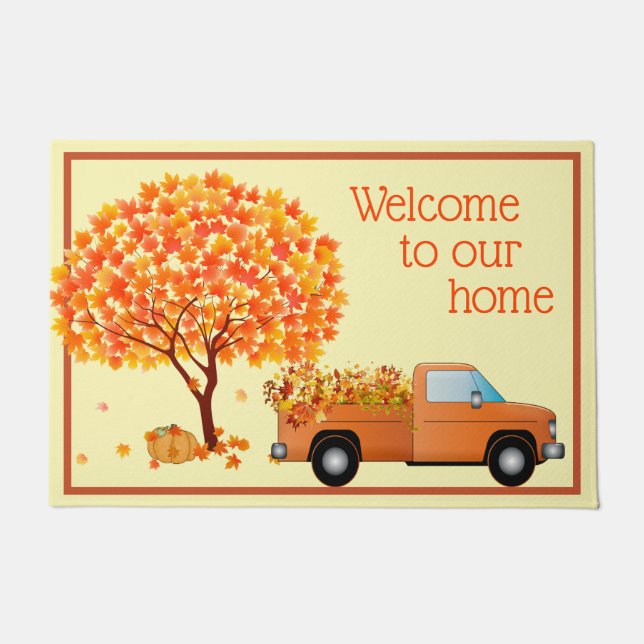 Maple Tree and Truck Filled With Leaves - Country Doormat (Front)